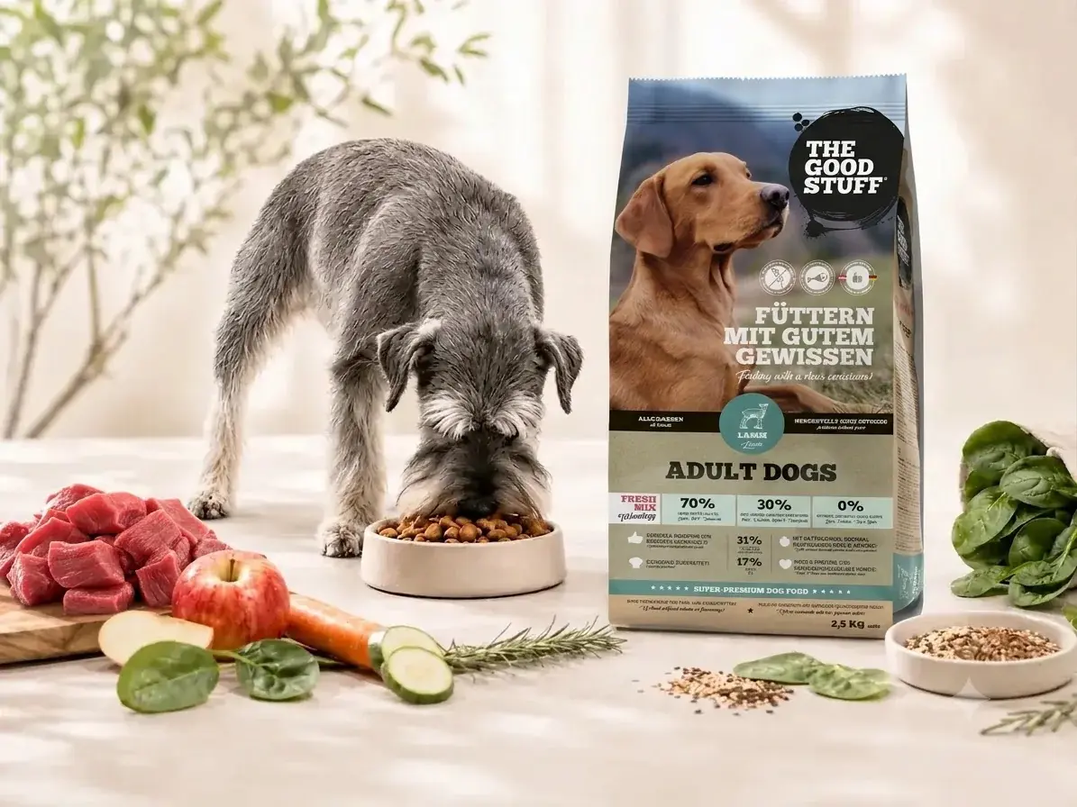 THE GOOD STUFF Adult Lamm 2,5 kg Sack mit Schnauzer beim Fressen und frischen Zutaten