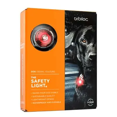 Verpackung des Orbiloc Dog Dual Sicherheitslichts in Rot