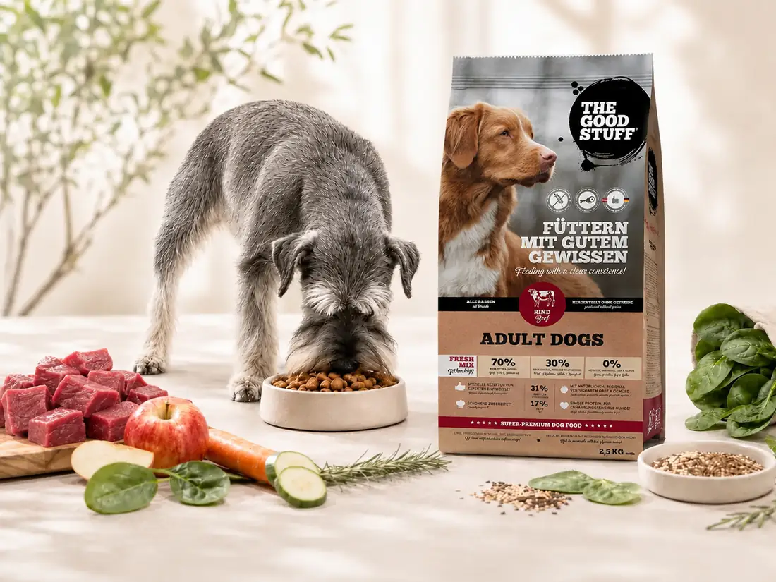 The Good Stuff Adult Rind Trockenfutter mit fressendem Hund, Rindfleisch und frischen Zutaten