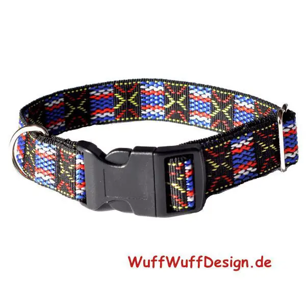 Hundehalsband im Mosaik-Design in Schwarz, Blau und Rot, 25 mm breit – stilvoll und komfortabel für mittelgroße bis große Hunde