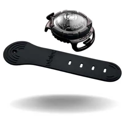 Weißes Orbiloc Dog Dual Sicherheitslicht mit schwarzem Befestigungsband