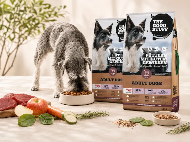 The Good Stuff Adult Pferd Trockenfutter Sparpaket mit zwei Futtersäcken, fressendem Hund und frischen Zutaten