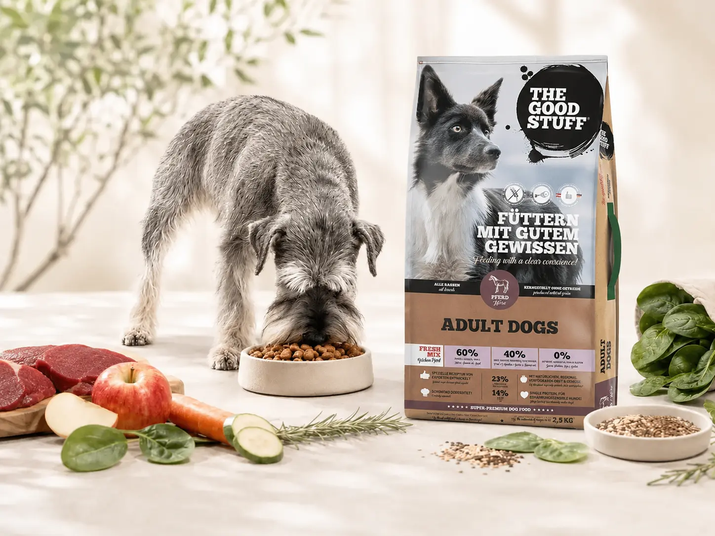 The Good Stuff Adult Pferd Trockenfutter mit fressendem Hund, Futtersack und frischen Zutaten