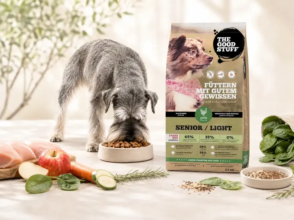 The Good Stuff Huhn Senior Adult Light mit älterem Hund, Futternapf und frischen Zutaten