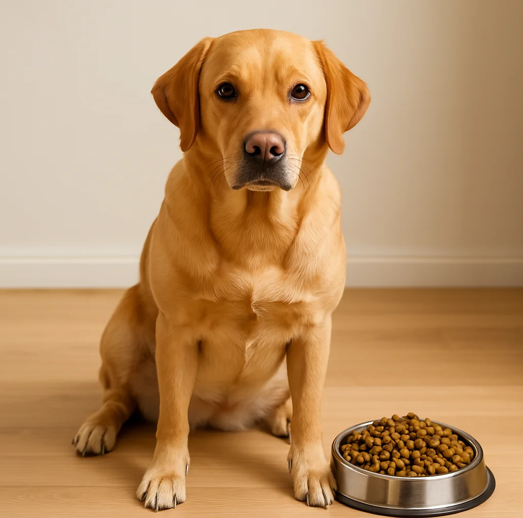 Labrador mit Futternapf – getreidefreies Hundefutter
