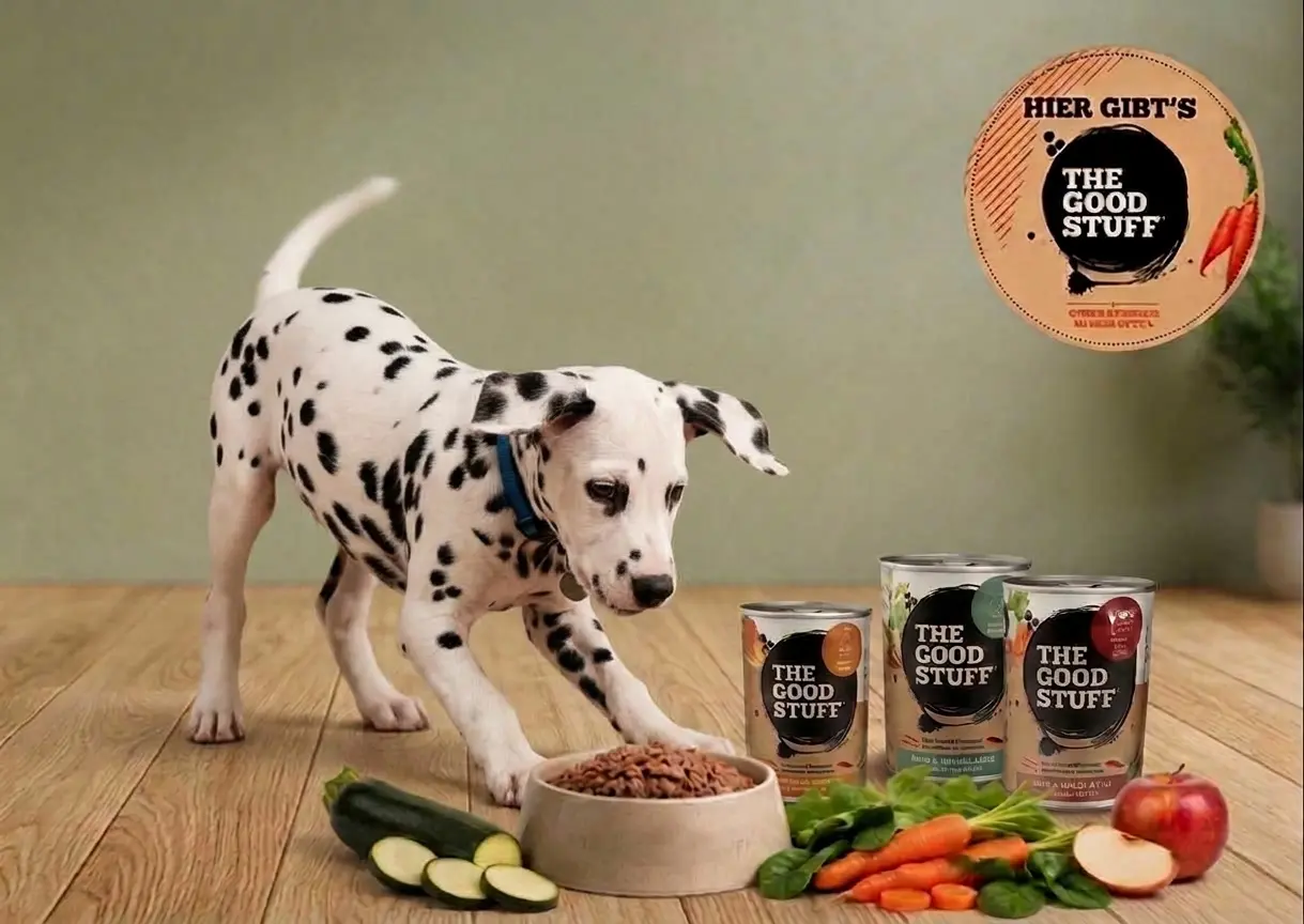 Welpe mit THE GOODSTUFF Puppy/Junior Nassfutter und frischen Zutaten