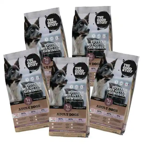 The Good Stuff Pferd Adult 5x2,5 kg – Premium Hundefutter, sofort lieferbar, in praktischer Packungsgröße. Ideal für ausgewachsene Hunde mit hochwertigen Zutaten wie Pferdefleisch